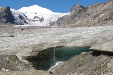 Buzulda eriyen su, altında da manzara var. Grossglockner Buzulu, Avusturya. 27 Temmuz 2009. 