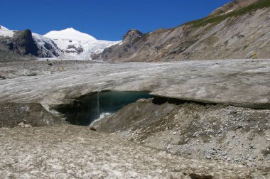 Buzulda eriyen su, altında da manzara var. Grossglockner Buzulu, Avusturya. 27 Temmuz 2009. 