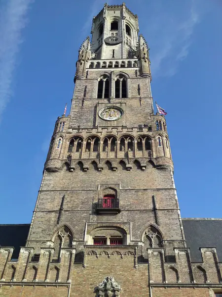 Menara Belfry Bruges Bawah Langit Biru Menara Lonceng Abad Pertengahan — Stok Foto
