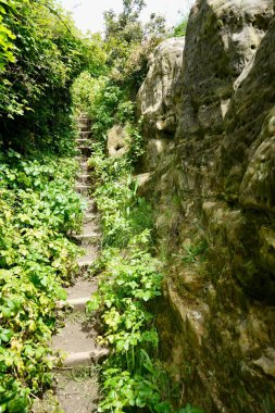 Hastings Kalesi 'nin yanındaki kırsal patika Hastings, Doğu Sussex, İngiltere' de denize bakan bir Norman kalesi. 17 Mayıs 2024. 