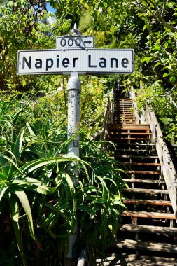 A sign for Napier Lane, a historic wooden walkway off the Filbert Steps on Telegraph Hill. San Francisco, California, USA. September 5, 2024.  clipart