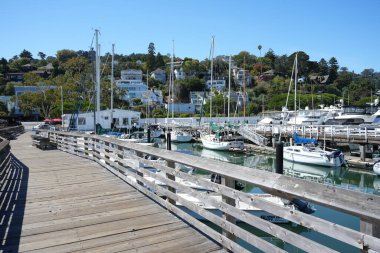 Sausalito, California, ABD 'deki marinada yatları olan tahta tahta kaldırım. Eylül 2024. 