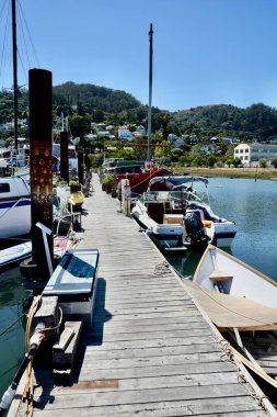 Tekneler ahşap bir iskeleye demirlemiş, yamaçta evleri var. Sausalito, California, ABD, Eylül 2024. 