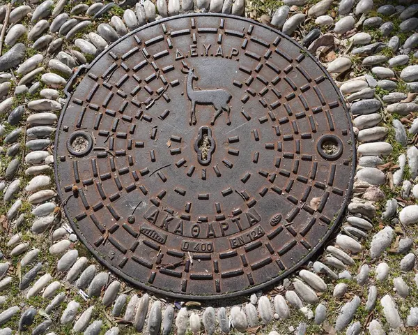 Çakıl taşlı patika üzerinde demir rögar kapağı, Rodos, Yunanistan, Şubat 2025. 