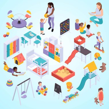 Bir grup insanın izometrik vektör çizimi