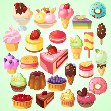 Farklı tatlılar ve renkli kapkekler. vektör illüstrasyonu