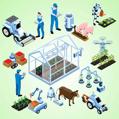 Bir grup tarım işçisinin izometrik vektör çizimi