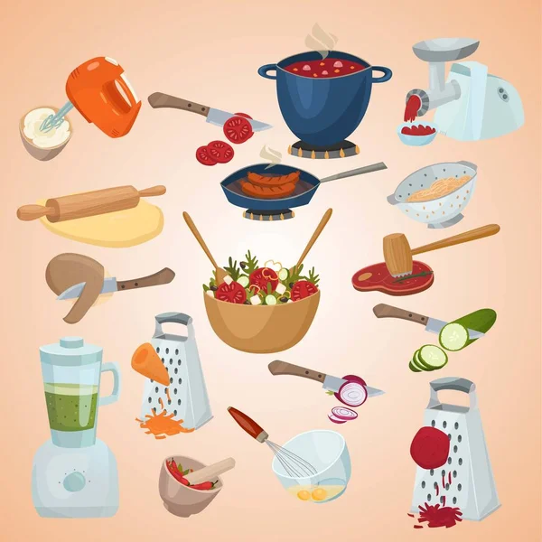Кухонная Утварь Приготовление Пищи Питание Питье Посуда Котят Суп Кастрюля — стоковый вектор
