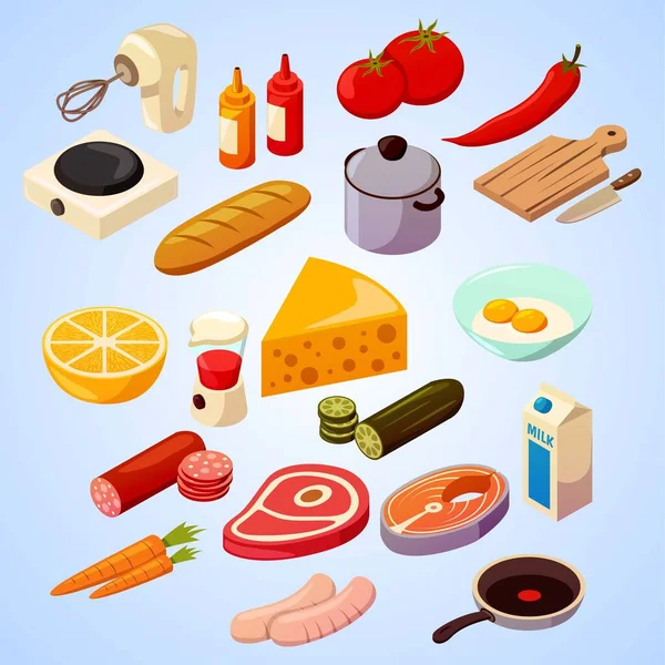 Conjunto Iconos Comida Bebida Ilustración Isométrica Icono Vector Carne Para — Vector de stock