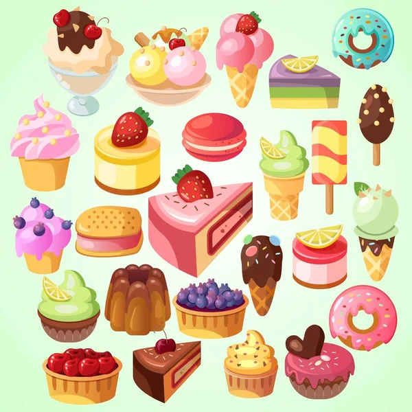 Set Von Bunten Cupcakes Mit Verschiedenen Desserts Vektorillustration — Stockvektor