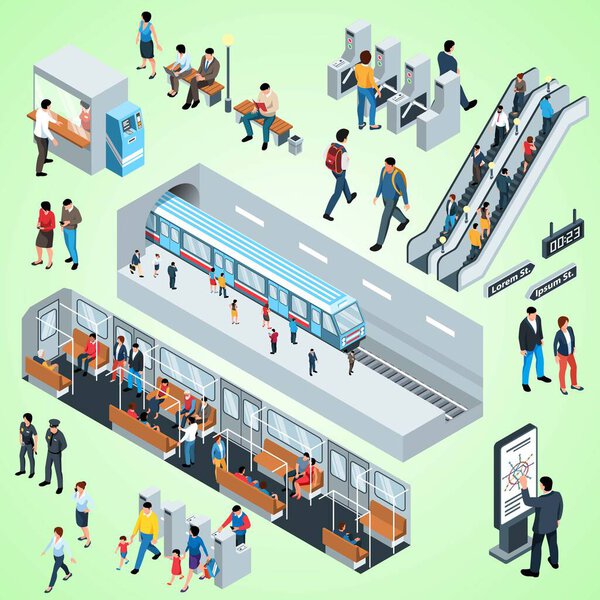 isometric vector illustration of airport terminal with people and luggage