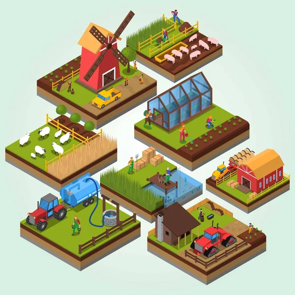 Izometrikus Mezőgazdasági Épület Gyári Növényi Vektor Illusztrációval — Stock Vector