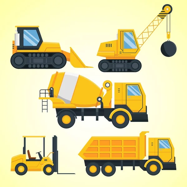 Icônes Construction Vectorielle Mis Bulldozer Machinerie Camion Grue Pelle Mélangeur — Image vectorielle
