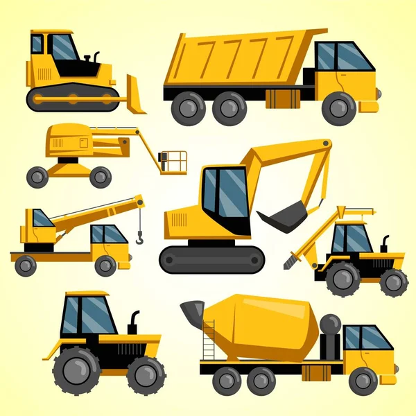 Vector Construction Icons Set Bulldozer Machinery Truckload Crane Excavator Mixer — Stock Vector