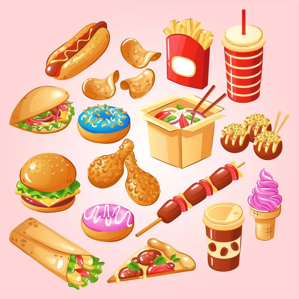Set Fast Food Illustrazione Hamburger Sfondo Vettore — Vettoriale Stock