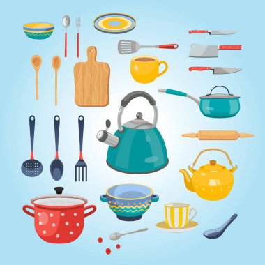 Mutfak gereçleri ve mutfak gereçleri seti. vektör illüstrasyonu