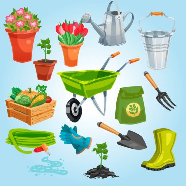 Bahçe aletleri, bitkiler, bahçe aletleri ve ekipmanlar. vektör illüstrasyonu