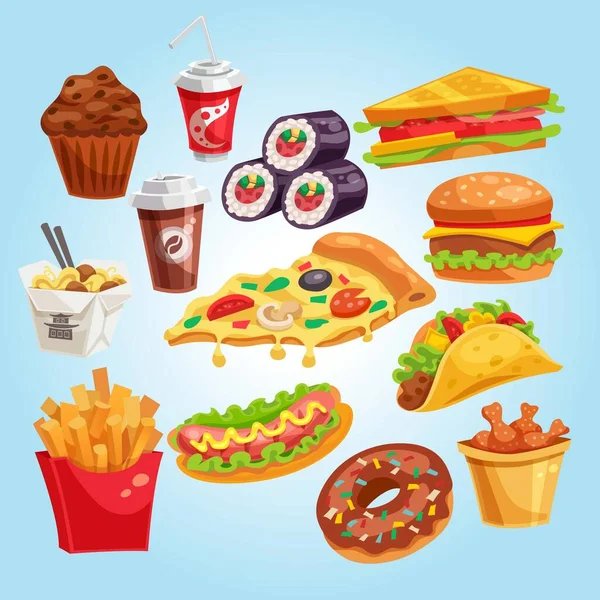 Fast Food Niezdrowe Jedzenie Hamburger Hamburger Soda Kawa Przekąska Pizza — Wektor stockowy