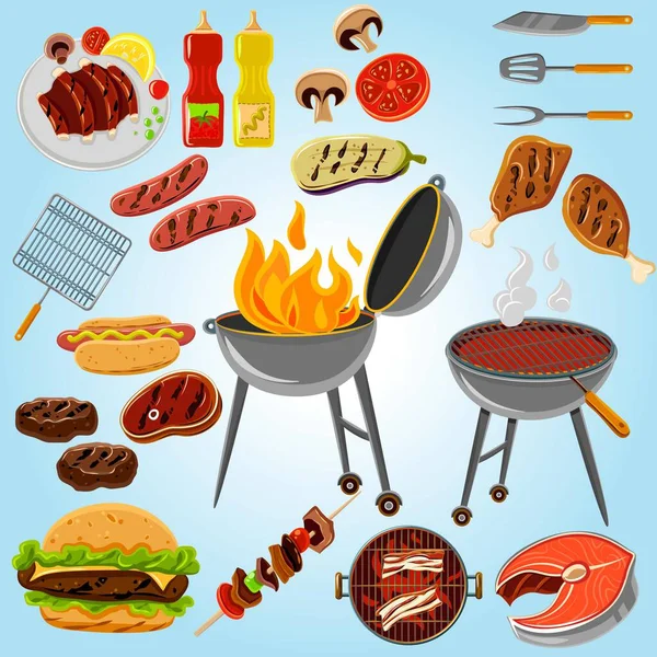 Griglia Barbecue Con Carne Alla Griglia Verdure Vettoriale Illustrazione — Vettoriale Stock