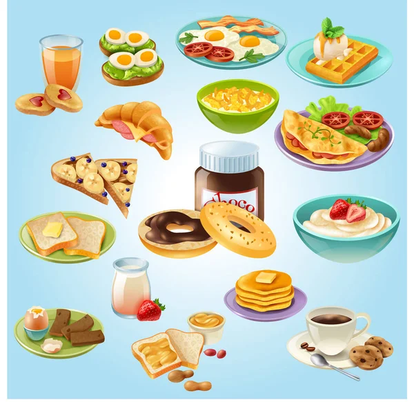 Desayuno Con Diferentes Alimentos Bebidas — Vector de stock
