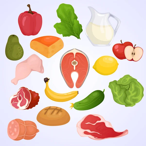 Conjunto Ícones Comida Saudável Legumes Frescos Frutas Ilustração Vetorial — Vetor de Stock