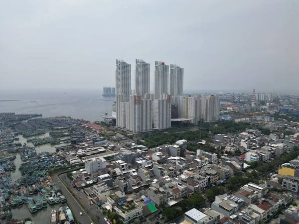 Atmosfera Miasta Dżakarta Jest Postrzegana Góry Widokiem Rzekę Aktywności Ulicznej — Zdjęcie stockowe