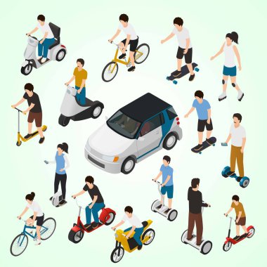 Scooter 'ı olan izometrik insanlar. vektör illüstrasyonu