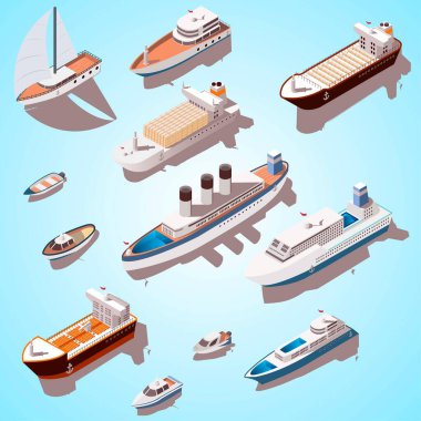 Farklı deniz gemileri. çizgi film biçimi vektör illüstrasyonu.