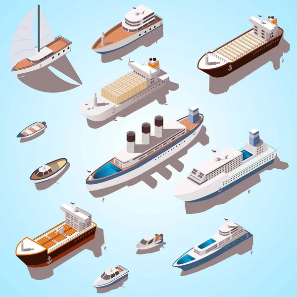 Set Different Sea Ships Cartoon Style Vector Illustration — Stock Vector