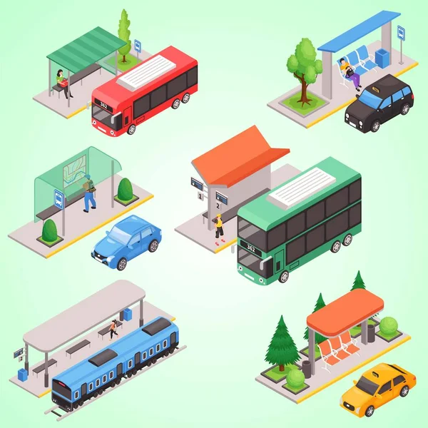 İzometrik şehir sokağı, arabalar, araçlı kamyonlar ve ulaşım vektörü seti