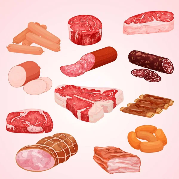 Conjunto Diferentes Produtos Base Carne —  Vetores de Stock