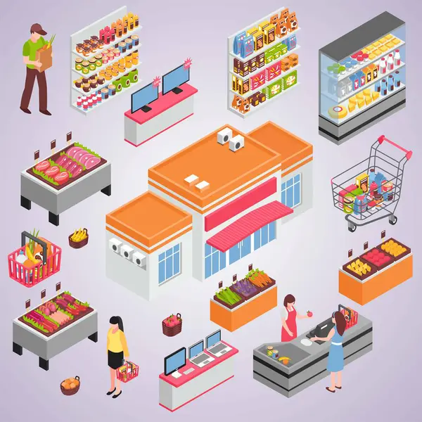 bakkal ve insanlar izometrik 3 boyutlu illüstrasyon vektörü.