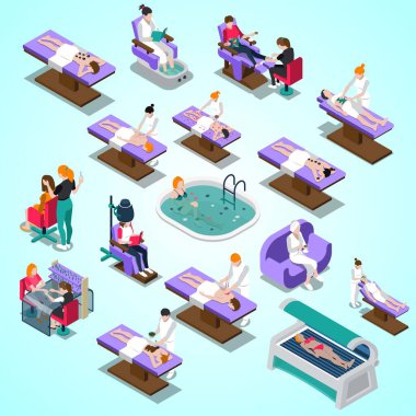 Spa yapan insanların izometrik vektör kümesi