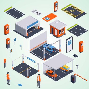 izometrik araba servisi kompozisyonu araba servis istasyonu ve araba servis çizimi ile ayarlandı
