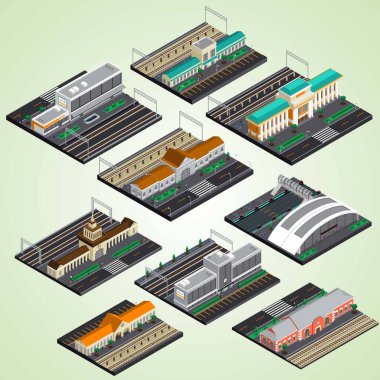 Tren, tren istasyonu, tren, tren, tren istasyonu ve tren istasyonunun izometrik çizimi.