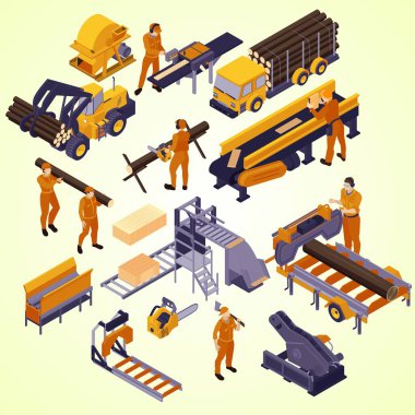 Beyaz arka planda izole edilmiş işçilerle farklı inşaat makinelerinde çalışan izometrik insanlar.