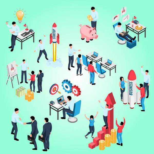 vector isometric business teamwork, group of people with different elements.