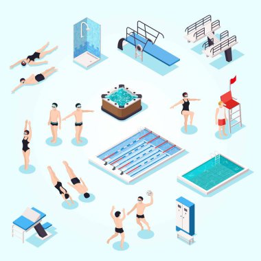 Yüzme havuzundaki insanların izometrik vektör çizimi