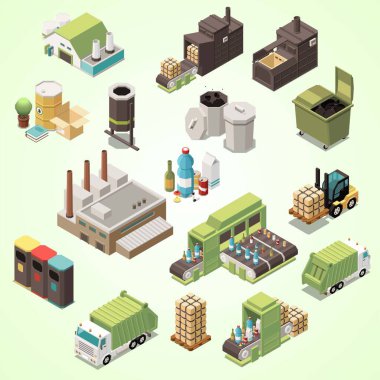 Fabrika ve endüstriyel vektör illüstrasyonunun izole edilmiş ikonlarıyla izometrik fabrika bileşimi