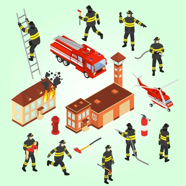 stock vector fire rescue team isometric icons set