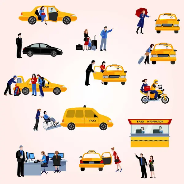 İş adamları ve araç vektör illüstrasyonuyla taksi servisi izometrik bileşimi