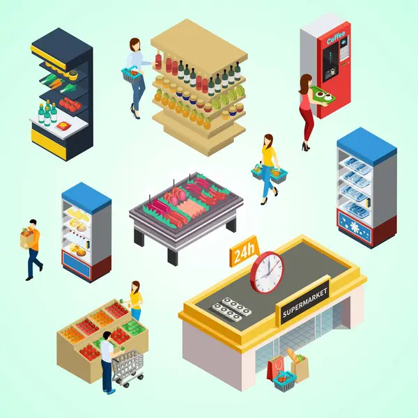 vektör izometrik süpermarket, bakkal, süpermarket, süpermarket, bakkal, süpermarket, süpermarket, alışveriş, gıda, bakkal, market,