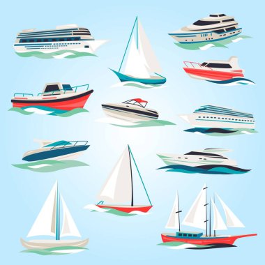 deniz seyahat yat motorlu gemiler jet kesici soyut izole vektör çizim ile düz Icons set deniz tekne gezisi