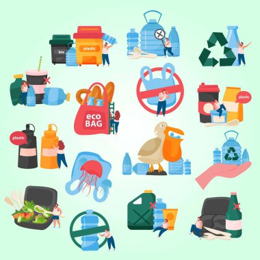 Eko plastik torbalı düz hatırlama simgesi seti plastik şişeler kirlilik geri dönüşümlü malzeme vektör illüstrasyonu