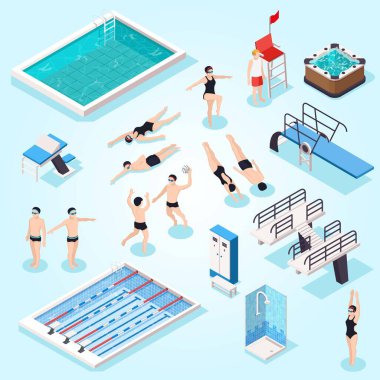 Yüzme havuzu izometrik seti ve izole edilmiş vektör illüstrasyonu