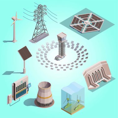 yeşil enerji üretimi izometrik simgeler rüzgar gelgit enerji jeneratörleri ile ayarlandı güneş istasyonu hidroelektrik santrali