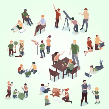 İzometrik doğa çalışması renkleri, insan karakterli izole ikonlar ve dünya vektör illüstrasyonunun dışını keşfeden çocuklar.