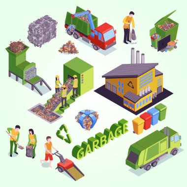 İzometrik çöp akış şeması ile fabrika kamyon işleme sıralama Sıkıştırma konteynırlar yükleme scavenger açıklamaları resimleme