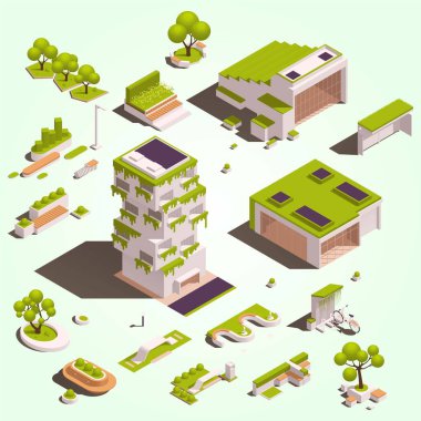 şehir yeşil alanları eko tasarım izometrik simge seti ağaç evleri çiçek yatakları vektör illüstrasyonları 3d