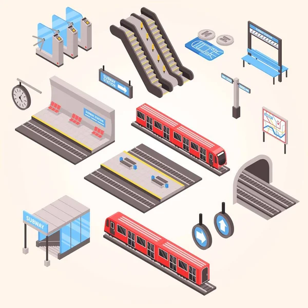 Metro izometrik seti metro taşıma sembolleri izole edilmiş vektör illüstrasyonu 3d